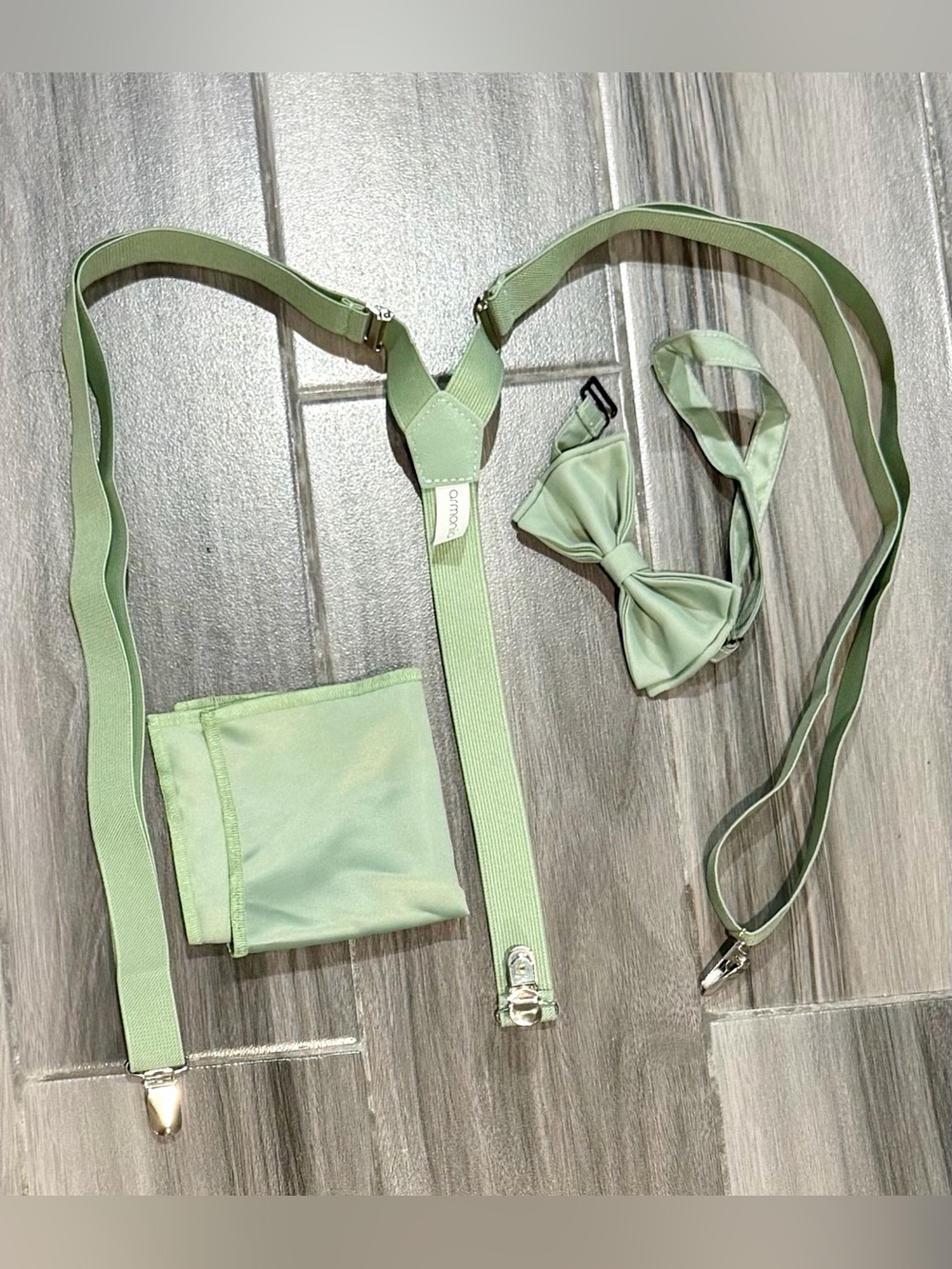 Men's Light Green Suspenders Set with Bow Tie and Pocket Square
